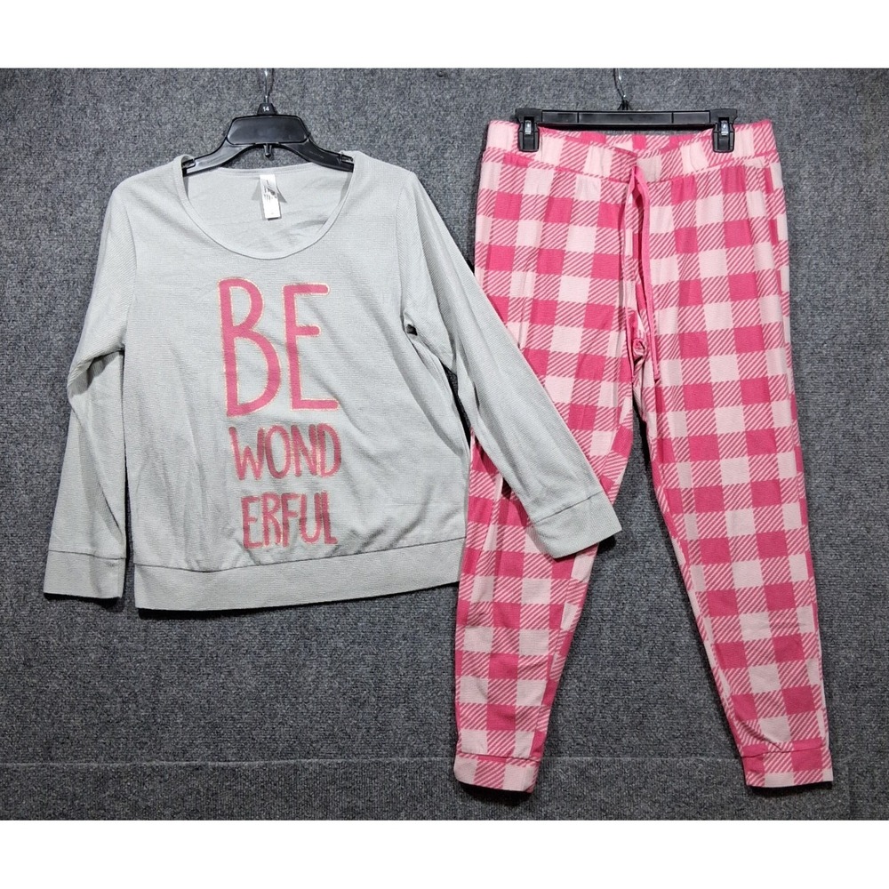 French Affair Womens XL Pajama Set Grey Be Wonderful Top Pink Plaid Joggers
